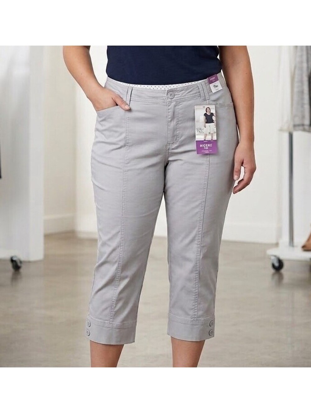 Riders By Lee Capri Pants Womens 18W Gray Mid Rise Stretch Zip Stretch Chino
